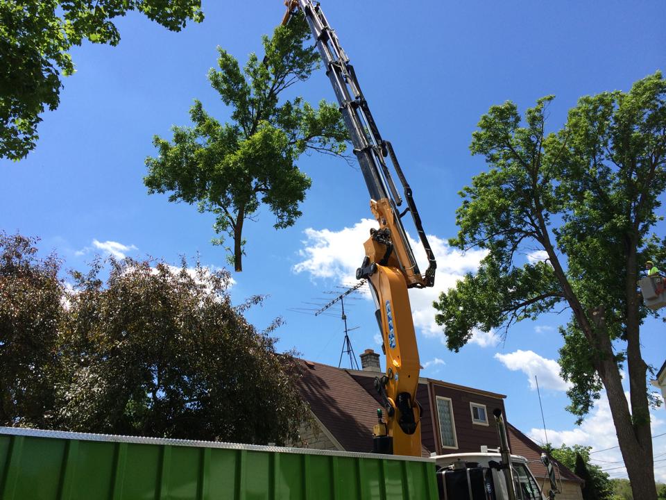 Knuckle boom vehicle showing a difficult tree removal over a roof.