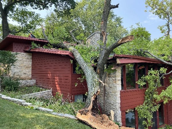 Storm damage clean-up after a tree falls onto a home.