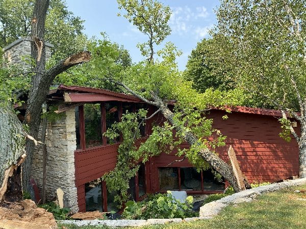 Storm damage clean-up after a tree falls onto a home.