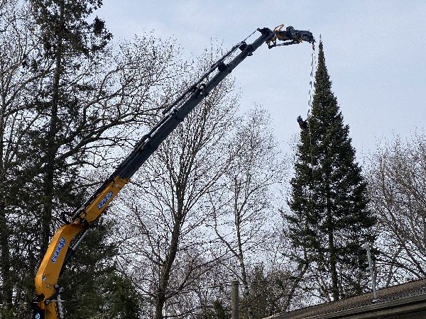 Winter tree removal with knuckle-boom truck.